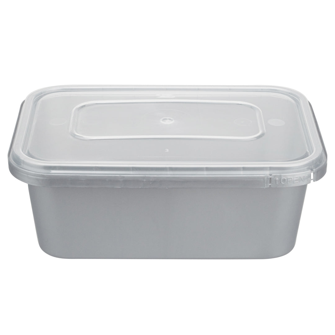 Futura 35 oz Silver Plastic Tamper-Evident Container - with Clear Lid, Microwavable - 7" x 4 3/4" x 2 3/4" - 100 count box