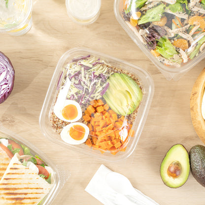 Thermo Tek 25 oz Square Clear Plastic Take Out Salad Bowl - with Lid, Anti-Fog - 7 1/2" x 7 1/2" x 2 3/4" - 100 count box