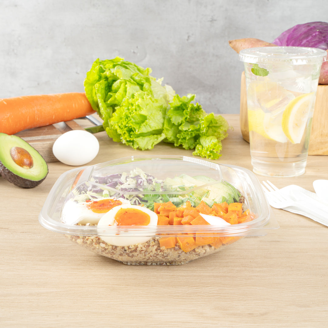Thermo Tek 25 oz Square Clear Plastic Take Out Salad Bowl - with Lid, Anti-Fog - 7 1/2" x 7 1/2" x 2 3/4" - 100 count box