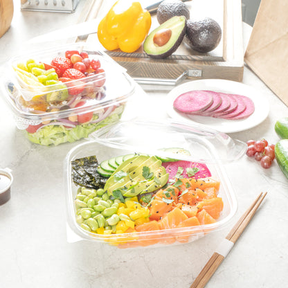 Thermo Tek 34 oz Square Clear Plastic Take Out Salad Bowl - with Lid, Anti-Fog - 7 1/2" x 7 1/2" x 3" - 100 count box