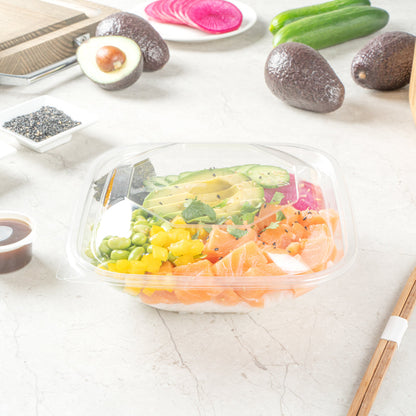 Thermo Tek 34 oz Square Clear Plastic Take Out Salad Bowl - with Lid, Anti-Fog - 7 1/2" x 7 1/2" x 3" - 100 count box