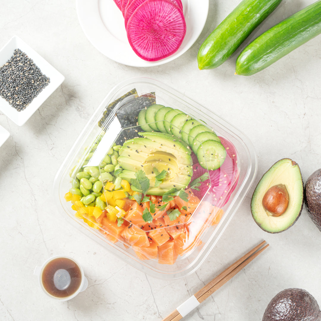 Thermo Tek 34 oz Square Clear Plastic Take Out Salad Bowl - with Lid, Anti-Fog - 7 1/2" x 7 1/2" x 3" - 100 count box