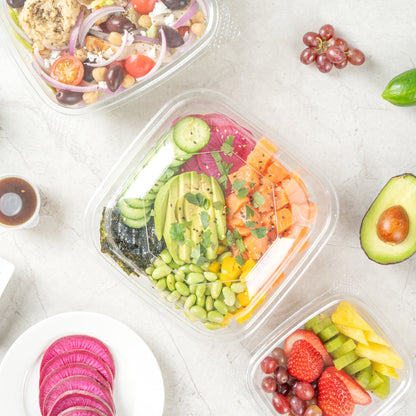 Thermo Tek 34 oz Square Clear Plastic Take Out Salad Bowl - with Lid, Anti-Fog - 7 1/2" x 7 1/2" x 3" - 100 count box