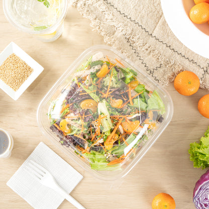 Thermo Tek 51 oz Square Clear Plastic Take Out Salad Bowl - with Lid, Anti-Fog - 7 1/2" x 7 1/2" x 4 1/4" - 100 count box