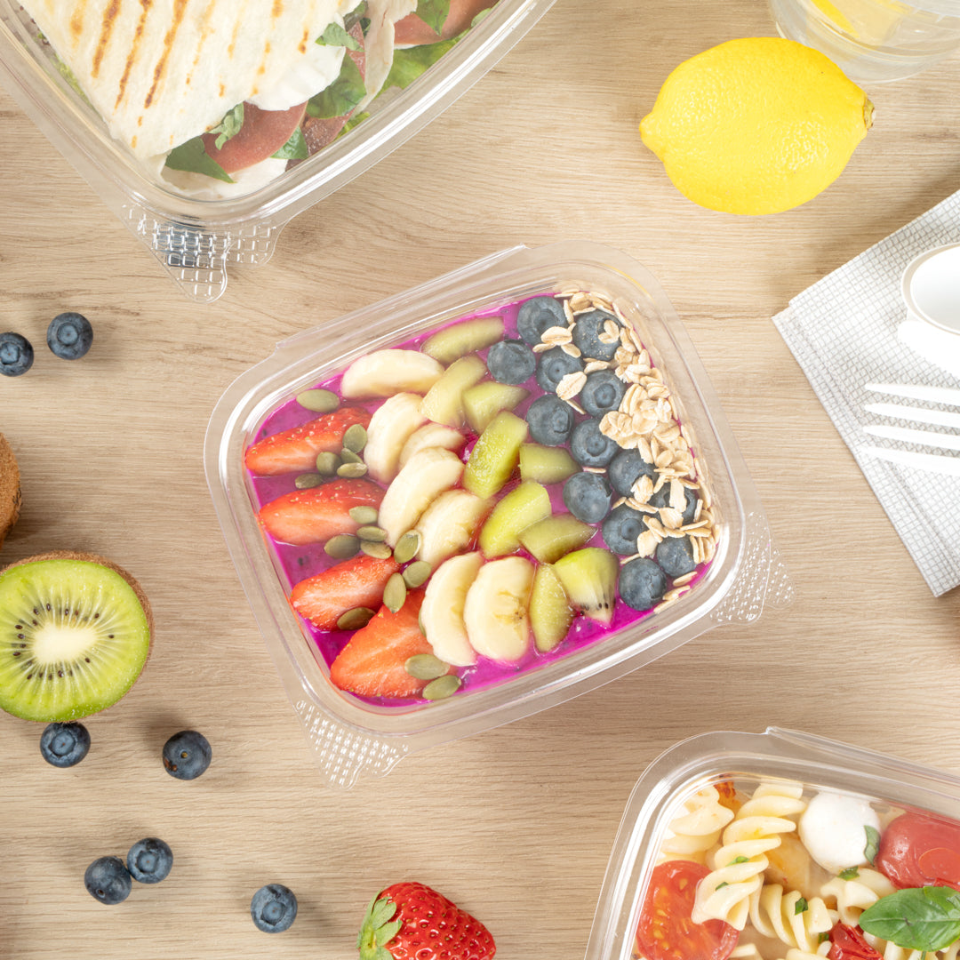Thermo Tek 12 oz Rectangle Clear Plastic Deli / Snack Container - with Hinged Lid, Anti-Fog - 10" x 6" x 1 3/4" - 100 count box