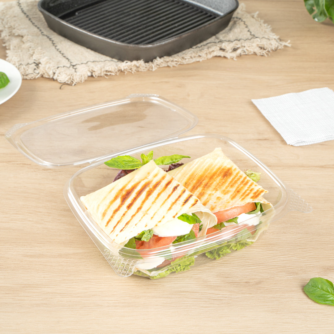 Thermo Tek 24 oz Rectangle Clear Plastic Deli / Snack Container - with Hinged Lid, Anti-Fog - 7 1/2" x 5 1/2" x 2" - 100 count box