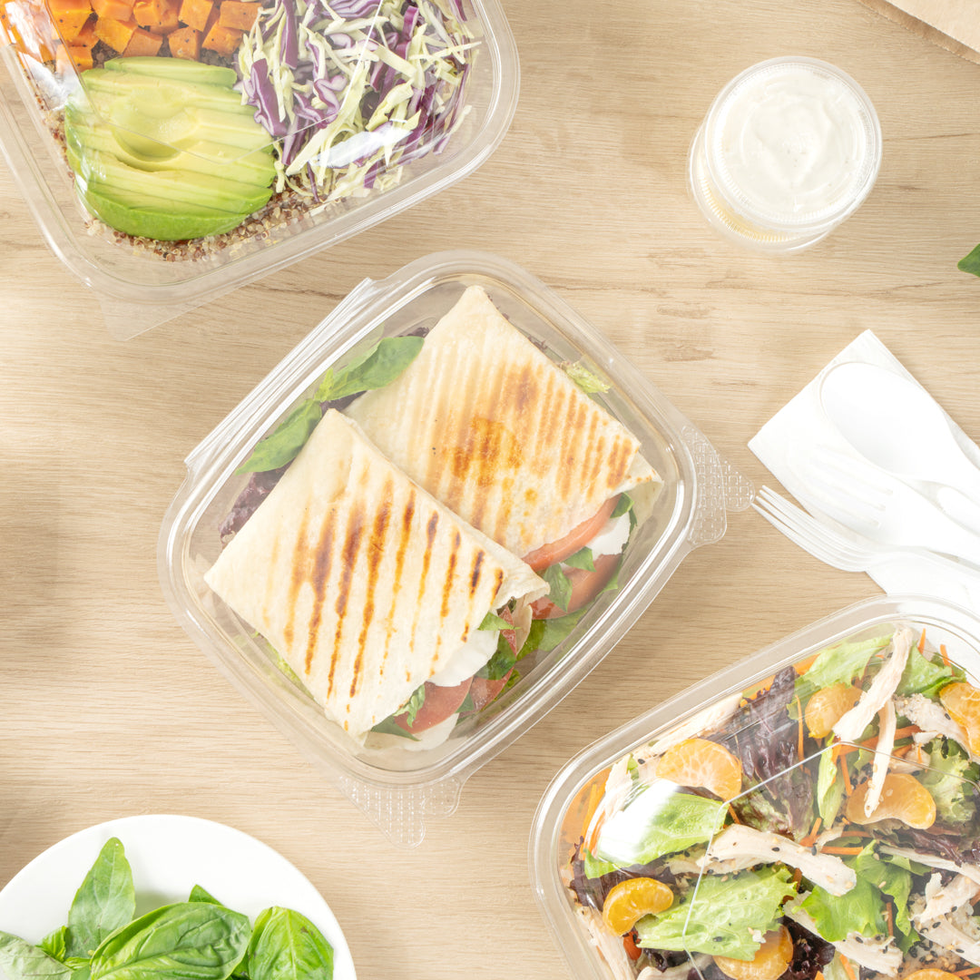 Thermo Tek 24 oz Rectangle Clear Plastic Deli / Snack Container - with Hinged Lid, Anti-Fog - 7 1/2" x 5 1/2" x 2" - 100 count box