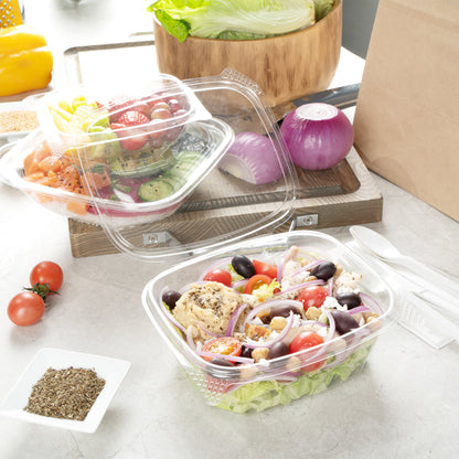 Thermo Tek 32 oz Rectangle Clear Plastic Deli / Snack Container - with Hinged Lid, Anti-Fog - 7 1/2" x 6 1/4" x 2 3/4" - 100 count box