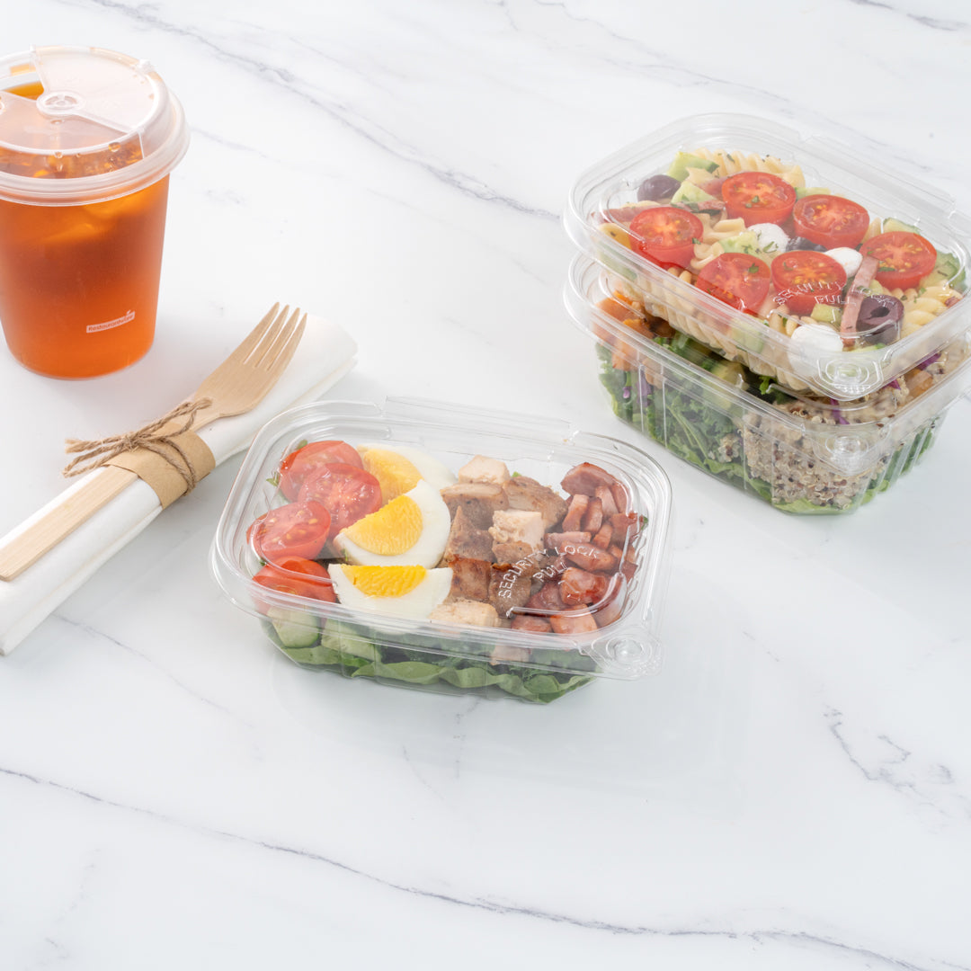 Tamper Tek 12 oz Rectangle Clear Plastic Container - with Hinged Lid, Tamper-Evident - 4 3/4" x 6" x 1 1/2" - 100 count box