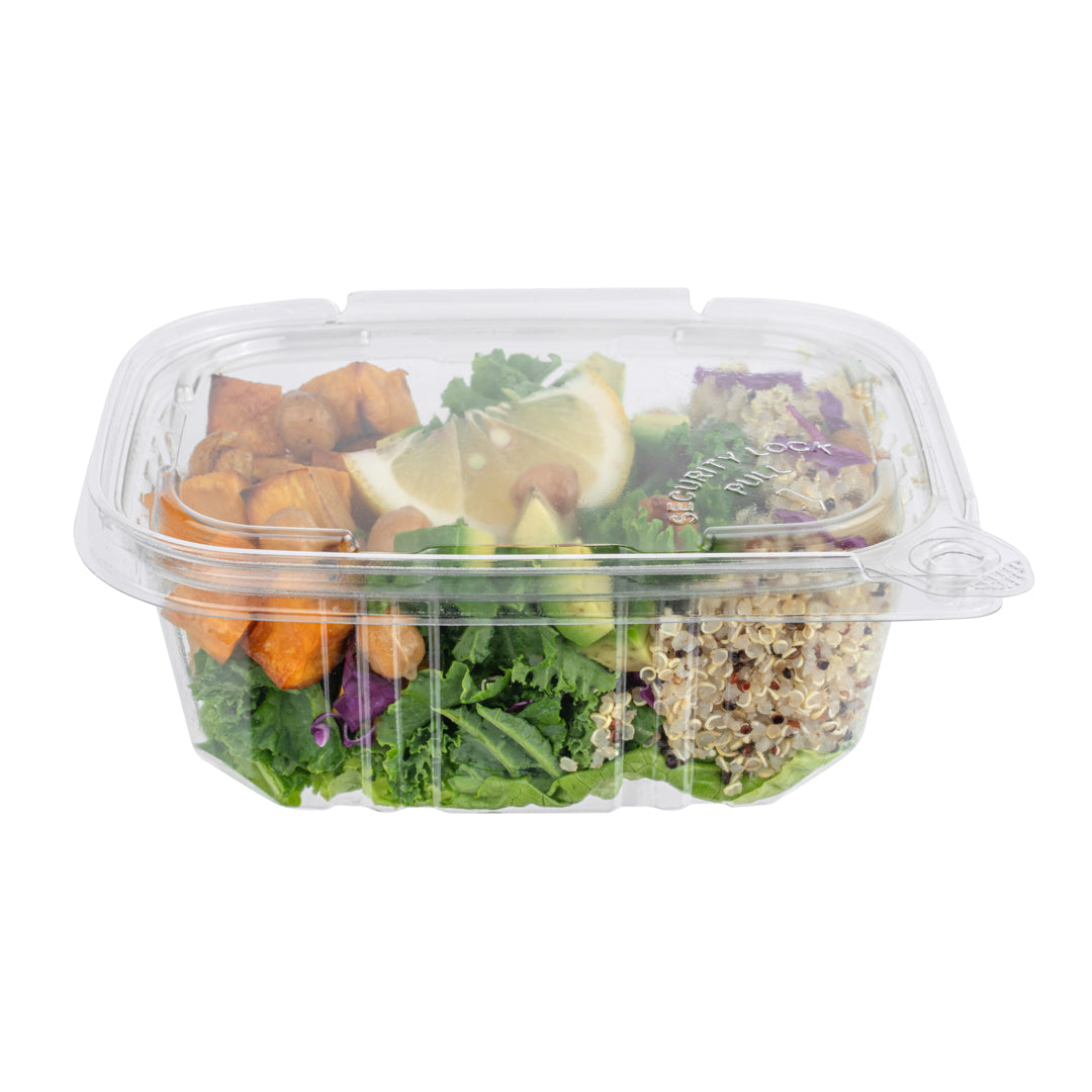 Tamper Tek 16 oz Rectangle Clear Plastic Container - with Hinged Lid, Tamper-Evident - 4 3/4" x 6" x 2" - 100 count box