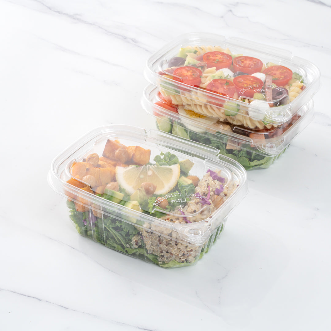 Tamper Tek 16 oz Rectangle Clear Plastic Container - with Hinged Lid, Tamper-Evident - 4 3/4" x 6" x 2" - 100 count box