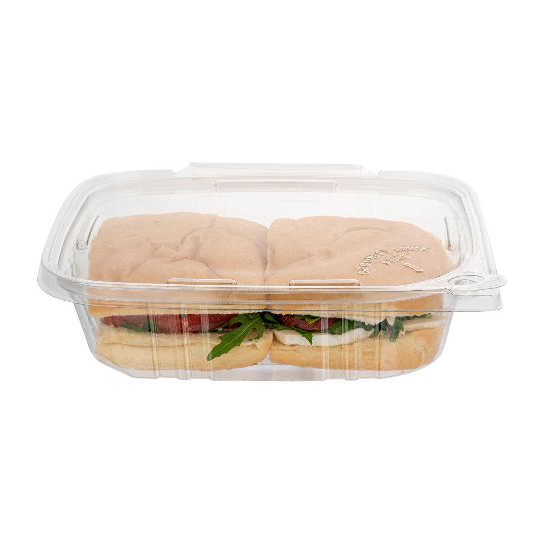 Tamper Tek 24 oz Rectangle Clear Plastic Container - with Hinged Lid, Tamper-Evident - 6 1/2" x 4 1/2" x 2" - 100 count box