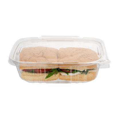 Tamper Tek 24 oz Rectangle Clear Plastic Container - with Hinged Lid, Tamper-Evident - 6 1/2" x 4 1/2" x 2" - 100 count box
