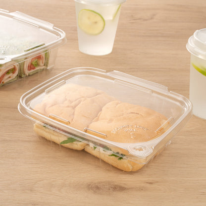 Tamper Tek 24 oz Rectangle Clear Plastic Container - with Hinged Lid, Tamper-Evident - 6 1/2" x 4 1/2" x 2" - 100 count box