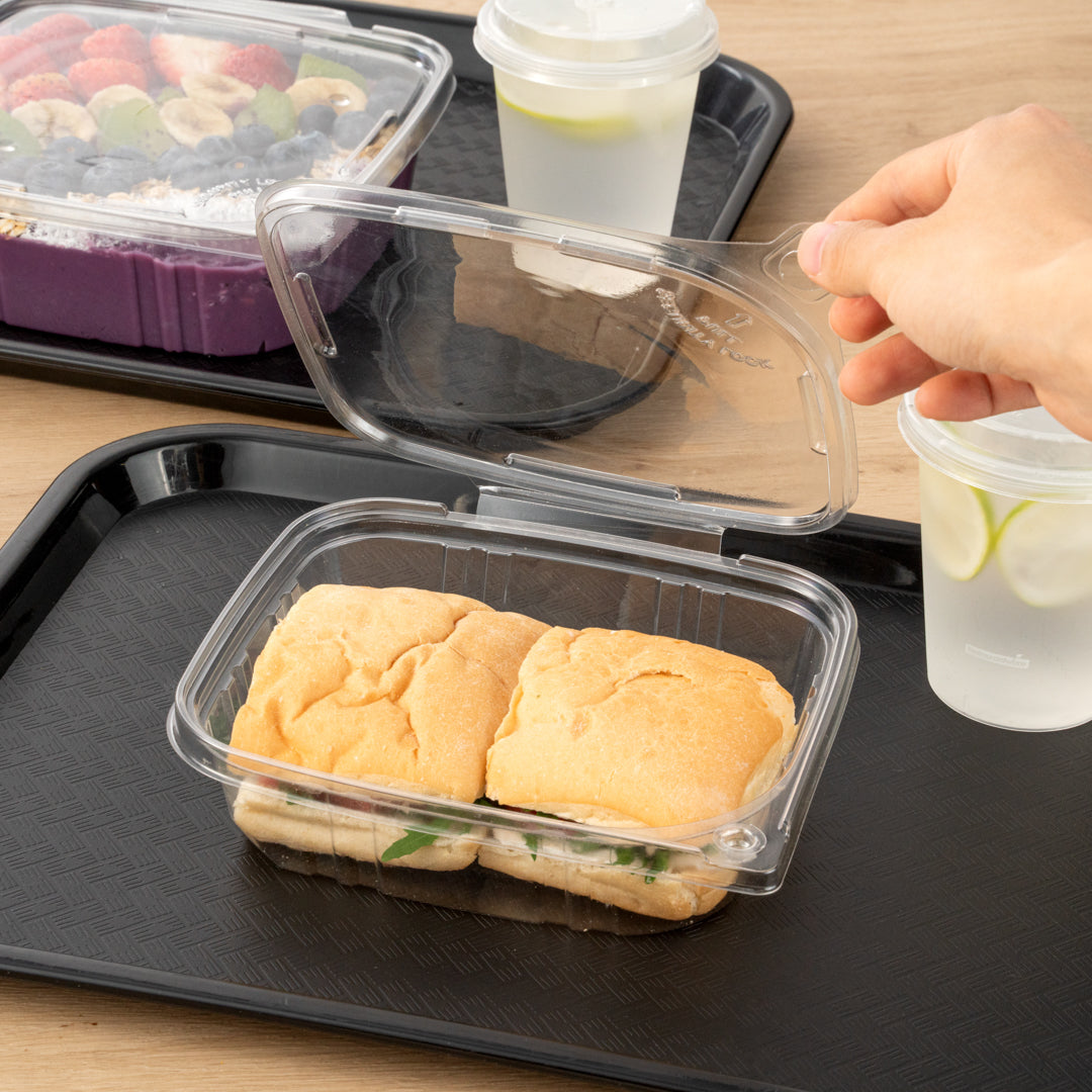 Tamper Tek 24 oz Rectangle Clear Plastic Container - with Hinged Lid, Tamper-Evident - 6 1/2" x 4 1/2" x 2" - 100 count box