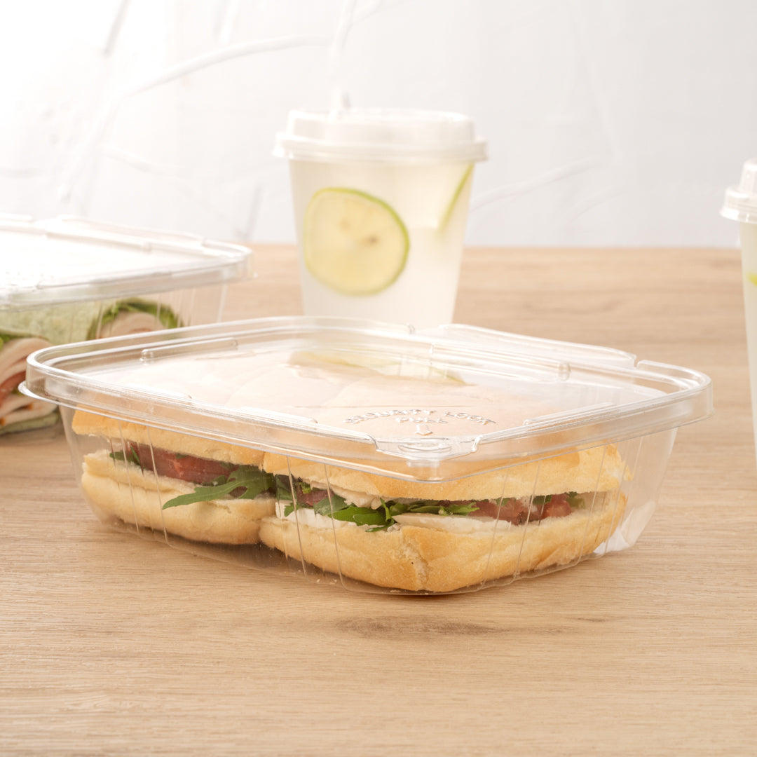 Tamper Tek 24 oz Rectangle Clear Plastic Container - with Hinged Lid, Tamper-Evident - 6 1/2" x 4 1/2" x 2" - 100 count box