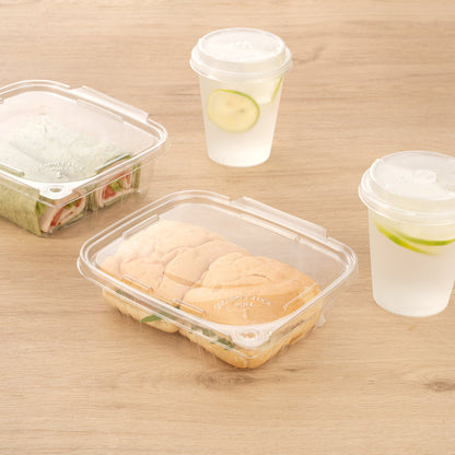 Tamper Tek 24 oz Rectangle Clear Plastic Container - with Hinged Lid, Tamper-Evident - 6 1/2" x 4 1/2" x 2" - 100 count box