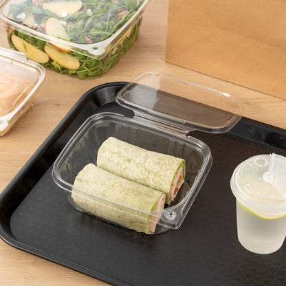 Tamper Tek 32 oz Rectangle Clear Plastic Container - with Hinged Lid, Tamper-Evident - 6 1/2" x 4 1/2" x 2 1/2" - 100 count box