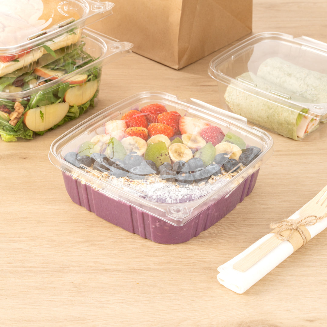Tamper Tek 48 oz Rectangle Clear Plastic Container - with Hinged Lid, Tamper-Evident - 8 1/4" x 7 1/2" x 2 3/4" - 100 count box