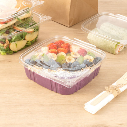 Tamper Tek 48 oz Rectangle Clear Plastic Container - with Hinged Lid, Tamper-Evident - 8 1/4" x 7 1/2" x 2 3/4" - 100 count box