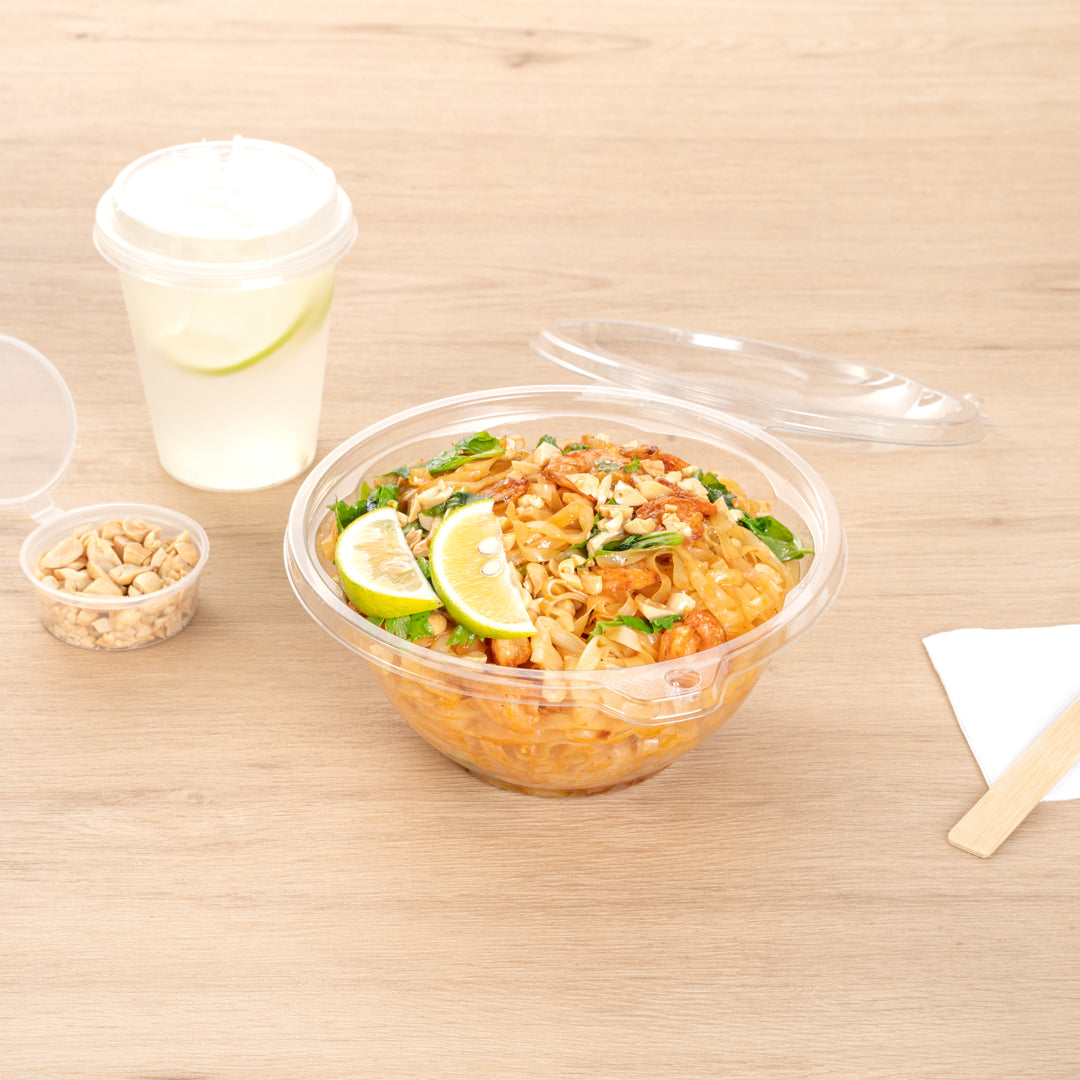 Tamper Tek 32 oz Round Clear Plastic Bowl - with Hinged Lid, Tamper-Evident - 7" x 7" x 3 1/2" - 100 count box
