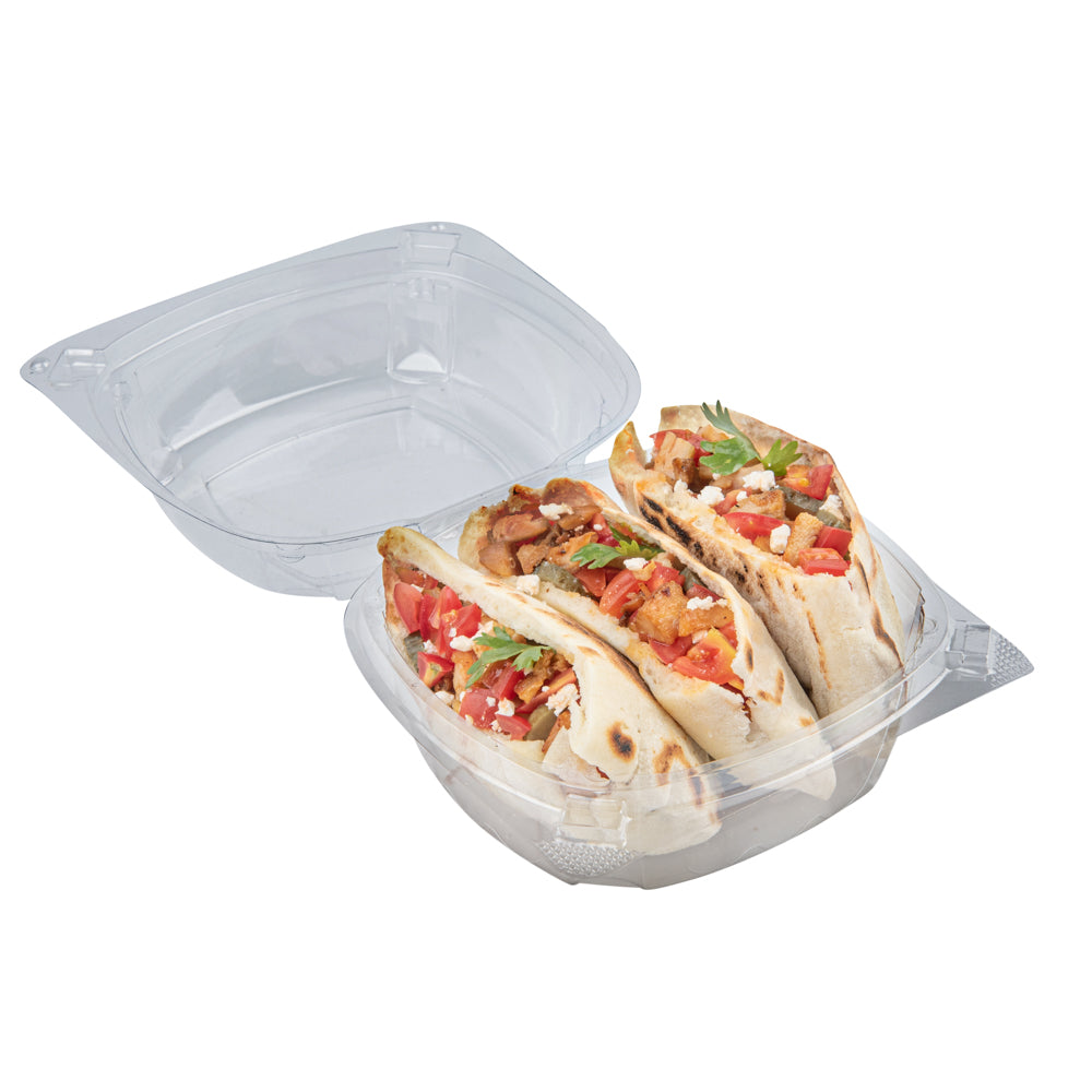 Thermo Tek 19 oz Rectangle Clear Plastic Clamshell Container - Anti-Fog - 6" x 5 1/2" x 2 3/4" - 100 count box