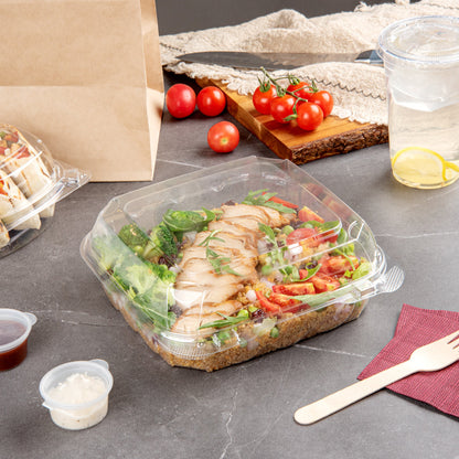 Thermo Tek 39 oz Square Clear Plastic Clamshell Container - Anti-Fog - 7 3/4" x 7 3/4" x 2 1/2" - 100 count box
