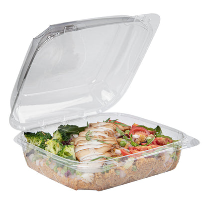 Thermo Tek 39 oz Square Clear Plastic Clamshell Container - Anti-Fog - 7 3/4" x 7 3/4" x 2 1/2" - 100 count box