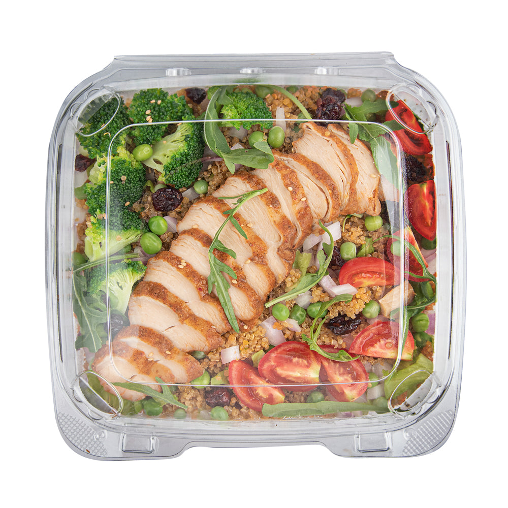 Thermo Tek 39 oz Square Clear Plastic Clamshell Container - Anti-Fog - 7 3/4" x 7 3/4" x 2 1/2" - 100 count box