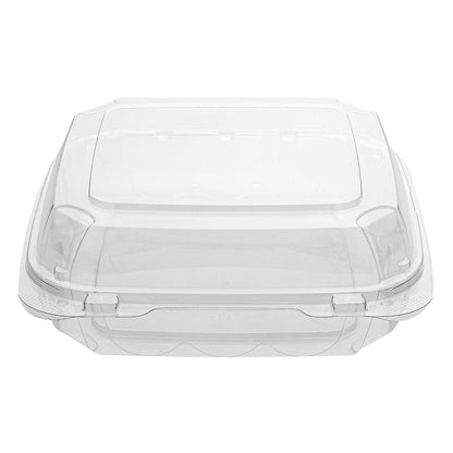 Thermo Tek 39 oz Square Clear Plastic Clamshell Container - Anti-Fog - 7 3/4" x 7 3/4" x 2 1/2" - 100 count box