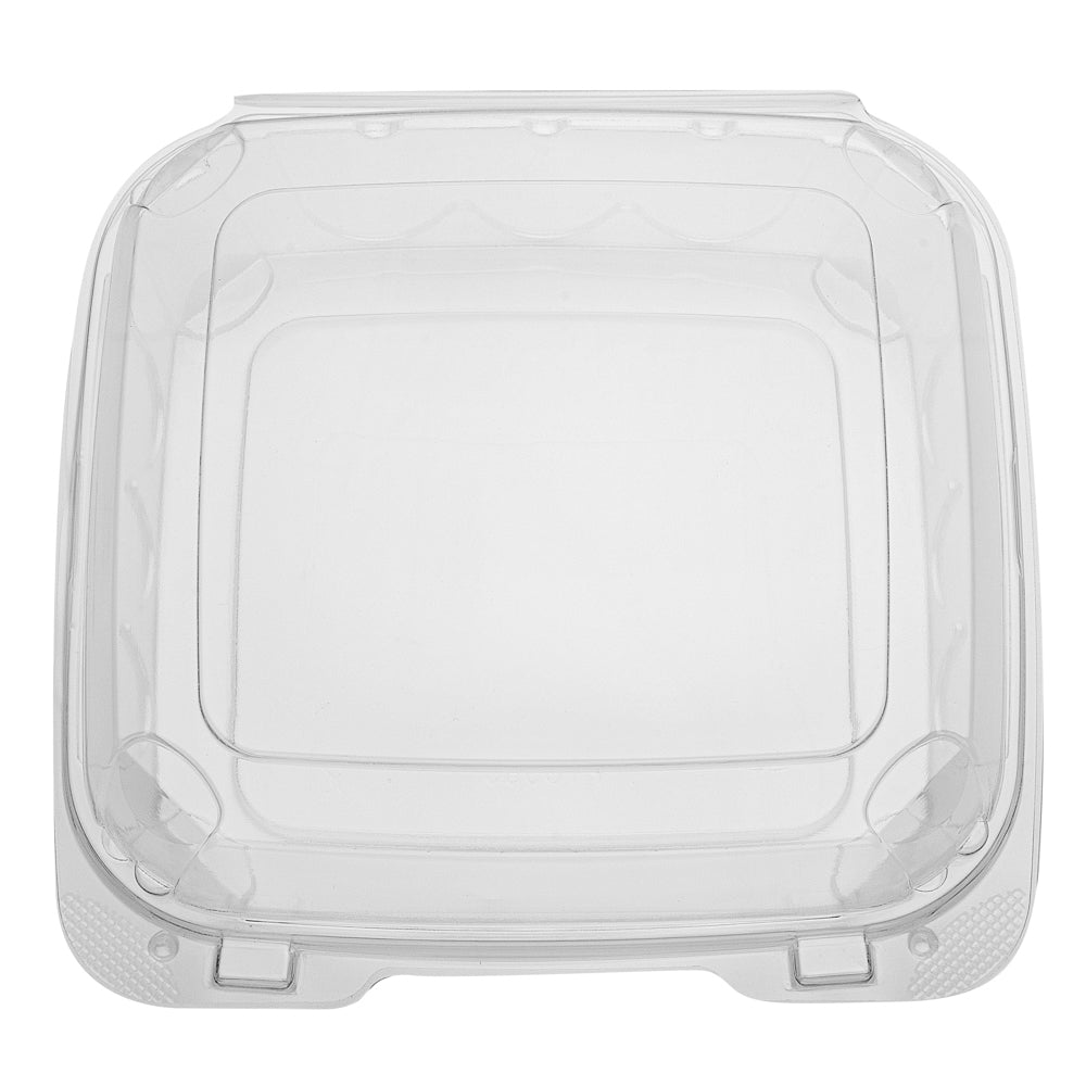 Thermo Tek 39 oz Square Clear Plastic Clamshell Container - Anti-Fog - 7 3/4" x 7 3/4" x 2 1/2" - 100 count box
