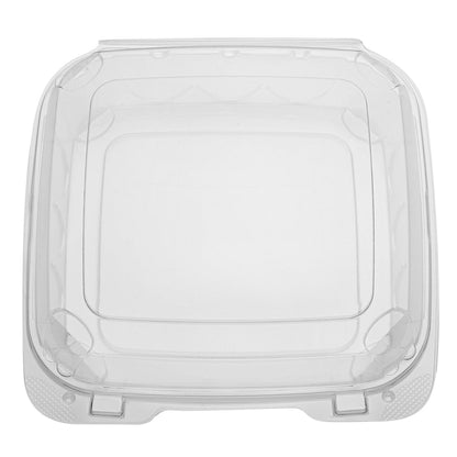 Thermo Tek 39 oz Square Clear Plastic Clamshell Container - Anti-Fog - 7 3/4" x 7 3/4" x 2 1/2" - 100 count box