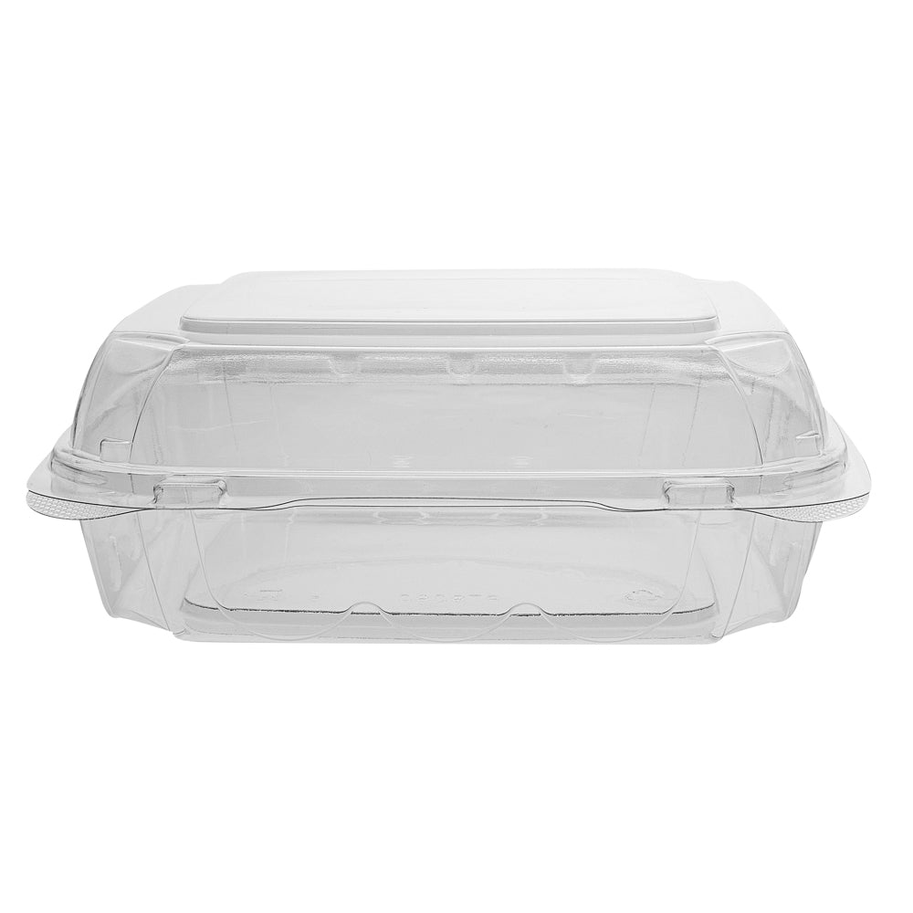 Thermo Tek 39 oz Square Clear Plastic Clamshell Container - Anti-Fog - 7 3/4" x 7 3/4" x 2 1/2" - 100 count box