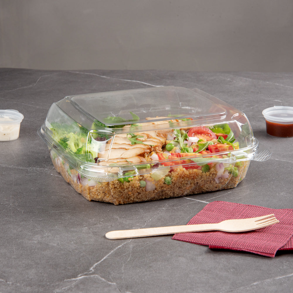 Thermo Tek 39 oz Square Clear Plastic Clamshell Container - Anti-Fog - 7 3/4" x 7 3/4" x 2 1/2" - 100 count box