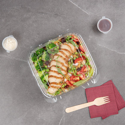 Thermo Tek 39 oz Square Clear Plastic Clamshell Container - Anti-Fog - 7 3/4" x 7 3/4" x 2 1/2" - 100 count box
