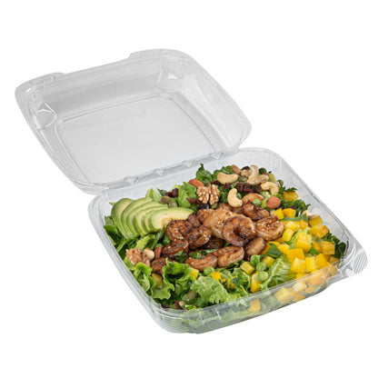 Thermo Tek 46 oz Rectangle Clear Plastic Clamshell Container - Anti-Fog - 9" x 8 1/4" x 2 1/2" - 100 count box