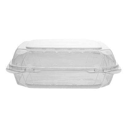 Thermo Tek 46 oz Rectangle Clear Plastic Clamshell Container - Anti-Fog - 9" x 8 1/4" x 2 1/2" - 100 count box