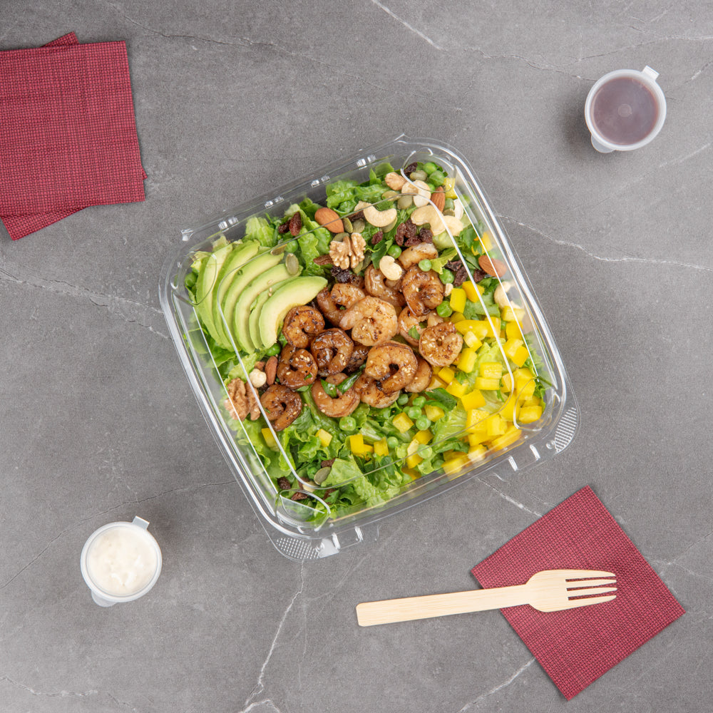 Thermo Tek 46 oz Rectangle Clear Plastic Clamshell Container - Anti-Fog - 9" x 8 1/4" x 2 1/2" - 100 count box