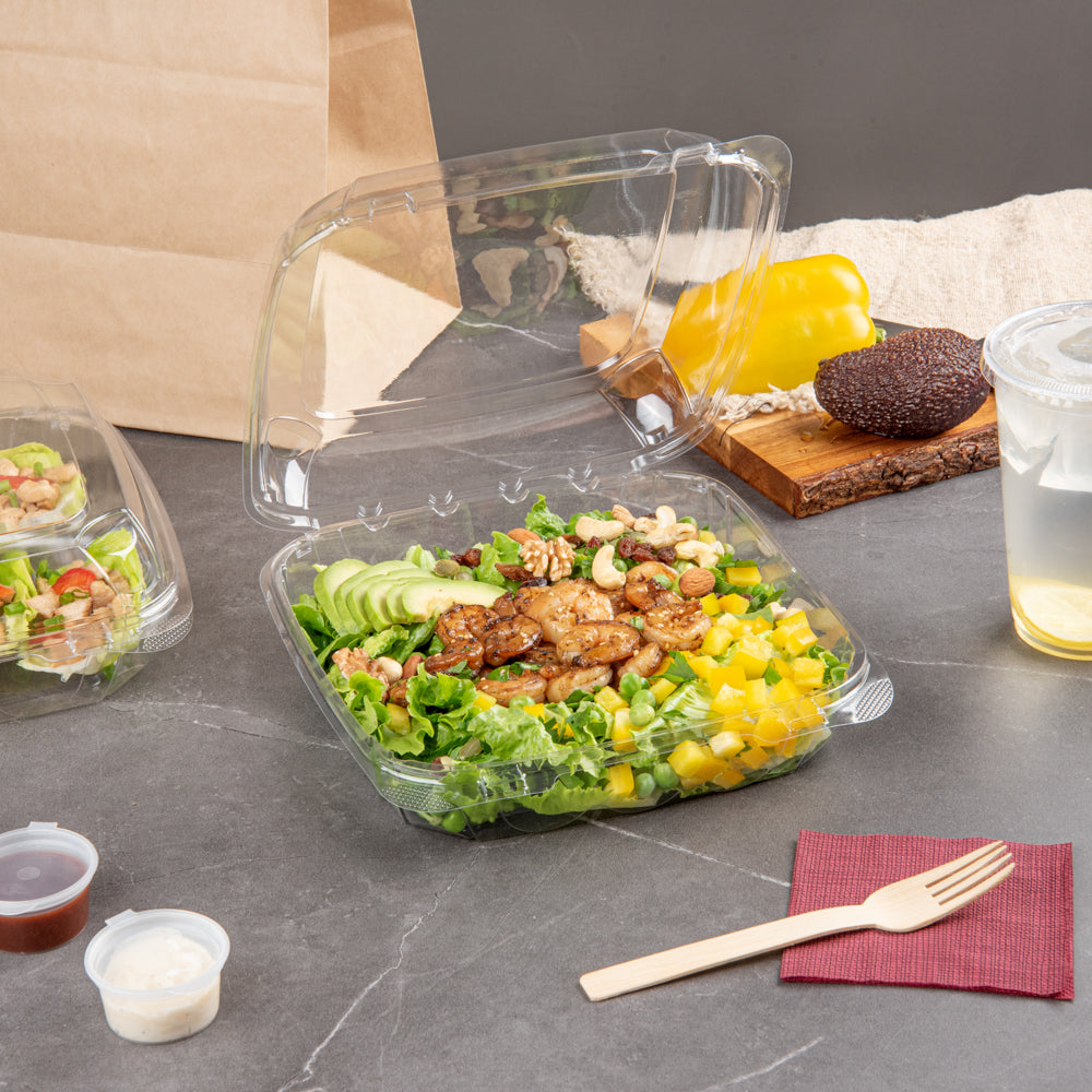 Thermo Tek 46 oz Rectangle Clear Plastic Clamshell Container - Anti-Fog - 9" x 8 1/4" x 2 1/2" - 100 count box