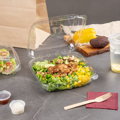 Thermo Tek 46 oz Rectangle Clear Plastic Clamshell Container - Anti-Fog - 9" x 8 1/4" x 2 1/2" - 100 count box