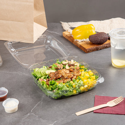 Thermo Tek 46 oz Rectangle Clear Plastic Clamshell Container - Anti-Fog - 9" x 8 1/4" x 2 1/2" - 100 count box