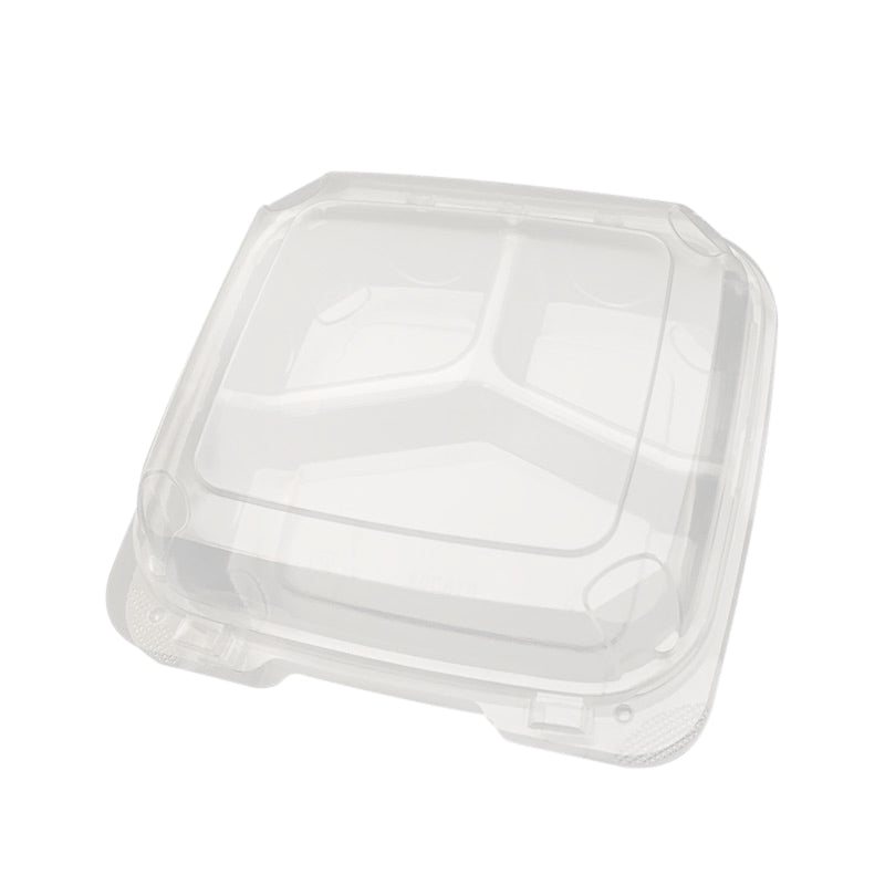 Thermo Tek 34 oz Square Clear Plastic Clamshell Container - 3-Compartment, Anti-Fog - 7 3/4" x 7 3/4" x 2 1/2" - 100 count box