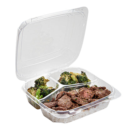 Thermo Tek 34 oz Square Clear Plastic Clamshell Container - 3-Compartment, Anti-Fog - 7 3/4" x 7 3/4" x 2 1/2" - 100 count box
