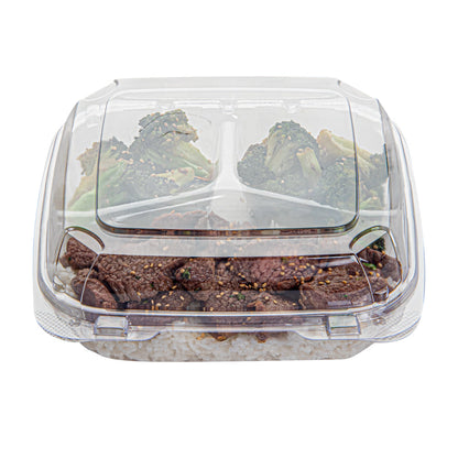Thermo Tek 34 oz Square Clear Plastic Clamshell Container - 3-Compartment, Anti-Fog - 7 3/4" x 7 3/4" x 2 1/2" - 100 count box