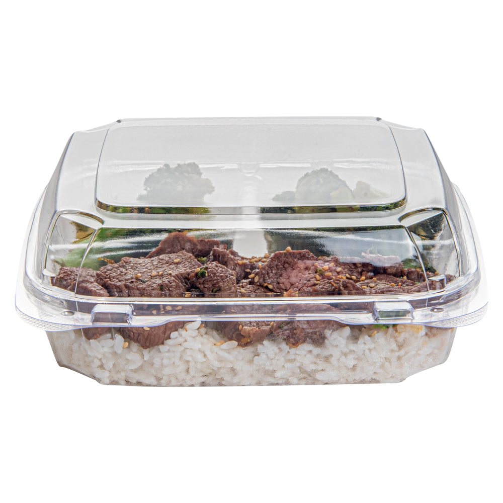 Thermo Tek 34 oz Square Clear Plastic Clamshell Container - 3-Compartment, Anti-Fog - 7 3/4" x 7 3/4" x 2 1/2" - 100 count box