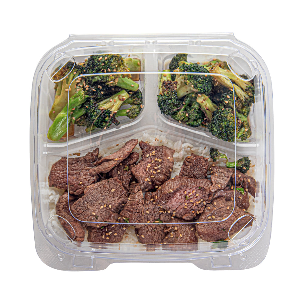 Thermo Tek 34 oz Square Clear Plastic Clamshell Container - 3-Compartment, Anti-Fog - 7 3/4" x 7 3/4" x 2 1/2" - 100 count box