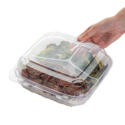 Thermo Tek 34 oz Square Clear Plastic Clamshell Container - 3-Compartment, Anti-Fog - 7 3/4" x 7 3/4" x 2 1/2" - 100 count box