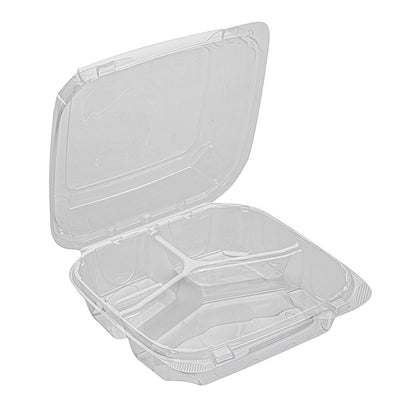 Thermo Tek 34 oz Square Clear Plastic Clamshell Container - 3-Compartment, Anti-Fog - 7 3/4" x 7 3/4" x 2 1/2" - 100 count box