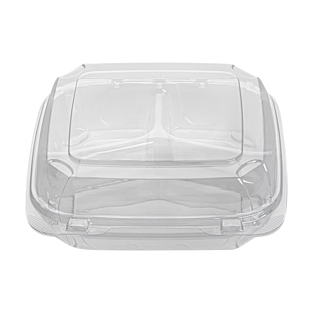 Thermo Tek 34 oz Square Clear Plastic Clamshell Container - 3-Compartment, Anti-Fog - 7 3/4" x 7 3/4" x 2 1/2" - 100 count box