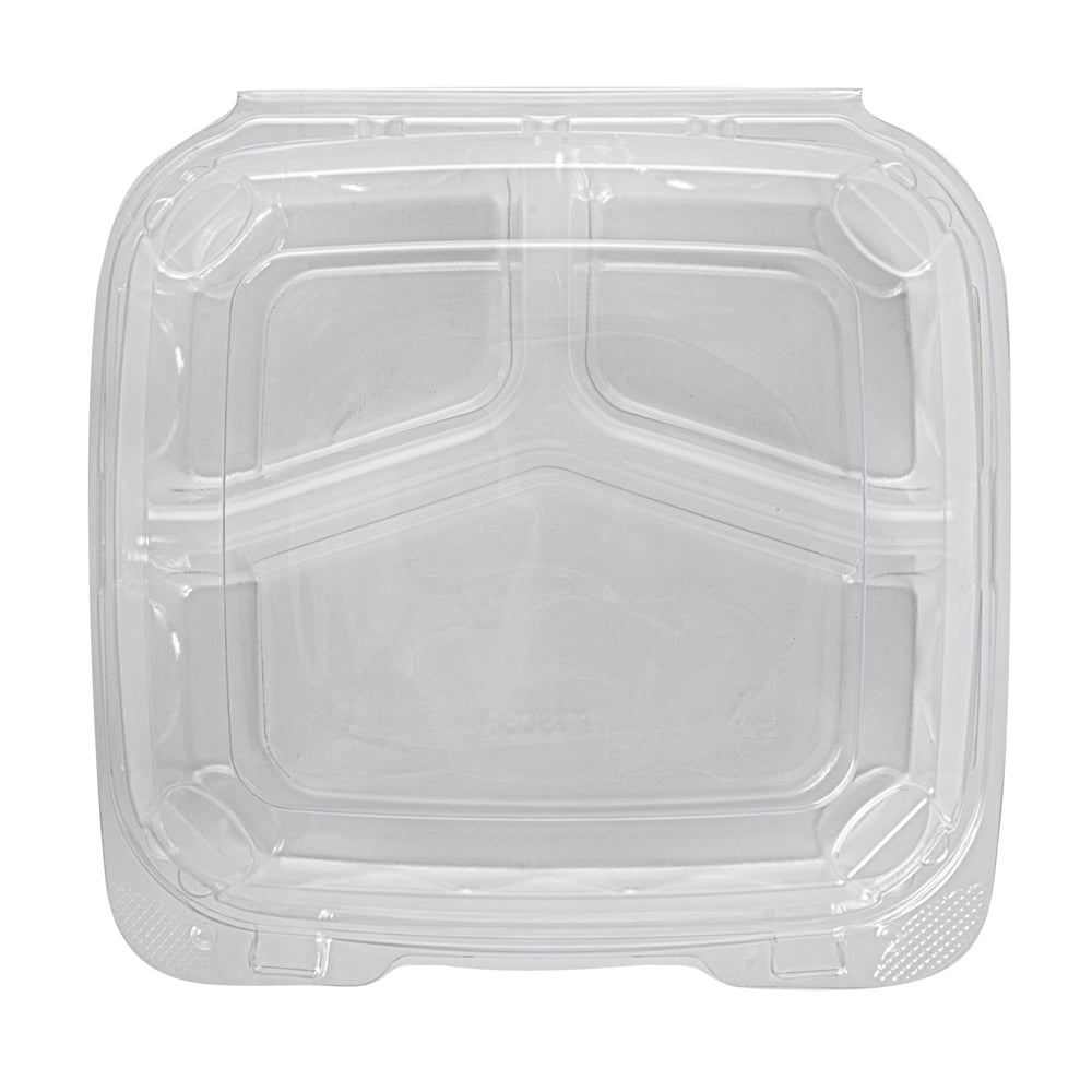 Thermo Tek 34 oz Square Clear Plastic Clamshell Container - 3-Compartment, Anti-Fog - 7 3/4" x 7 3/4" x 2 1/2" - 100 count box